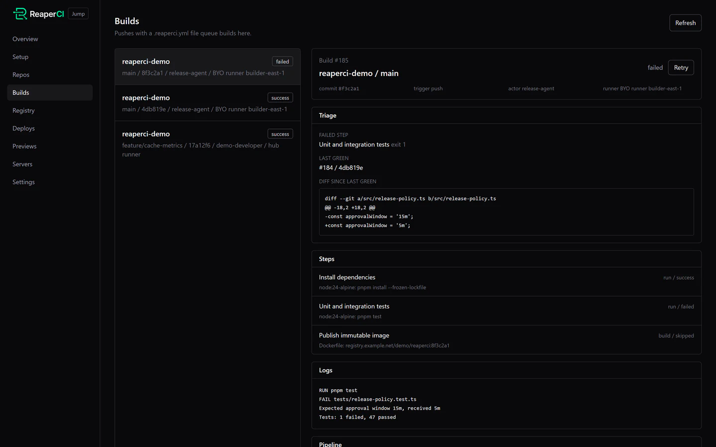 ReaperCI failed build detail showing structured steps, logs, and diagnosis context