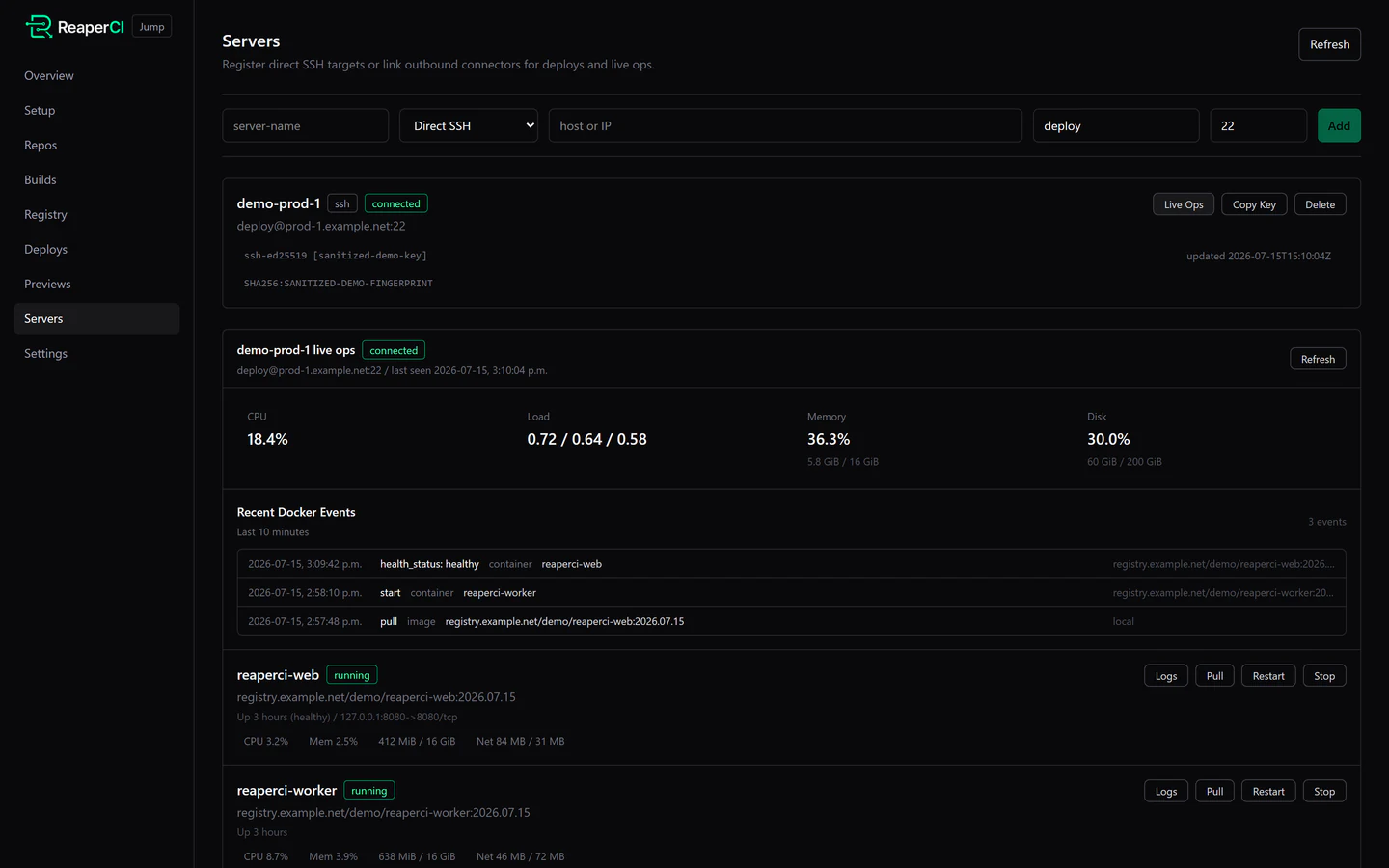 ReaperCI server operations view showing health, resource metrics, events, and container state